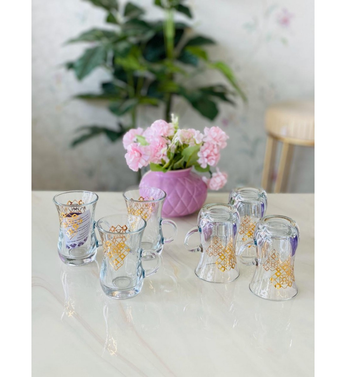 طقم بيالات شاي من الزجاج, 6 قطع, شفاف مذهب من دملاج-43299