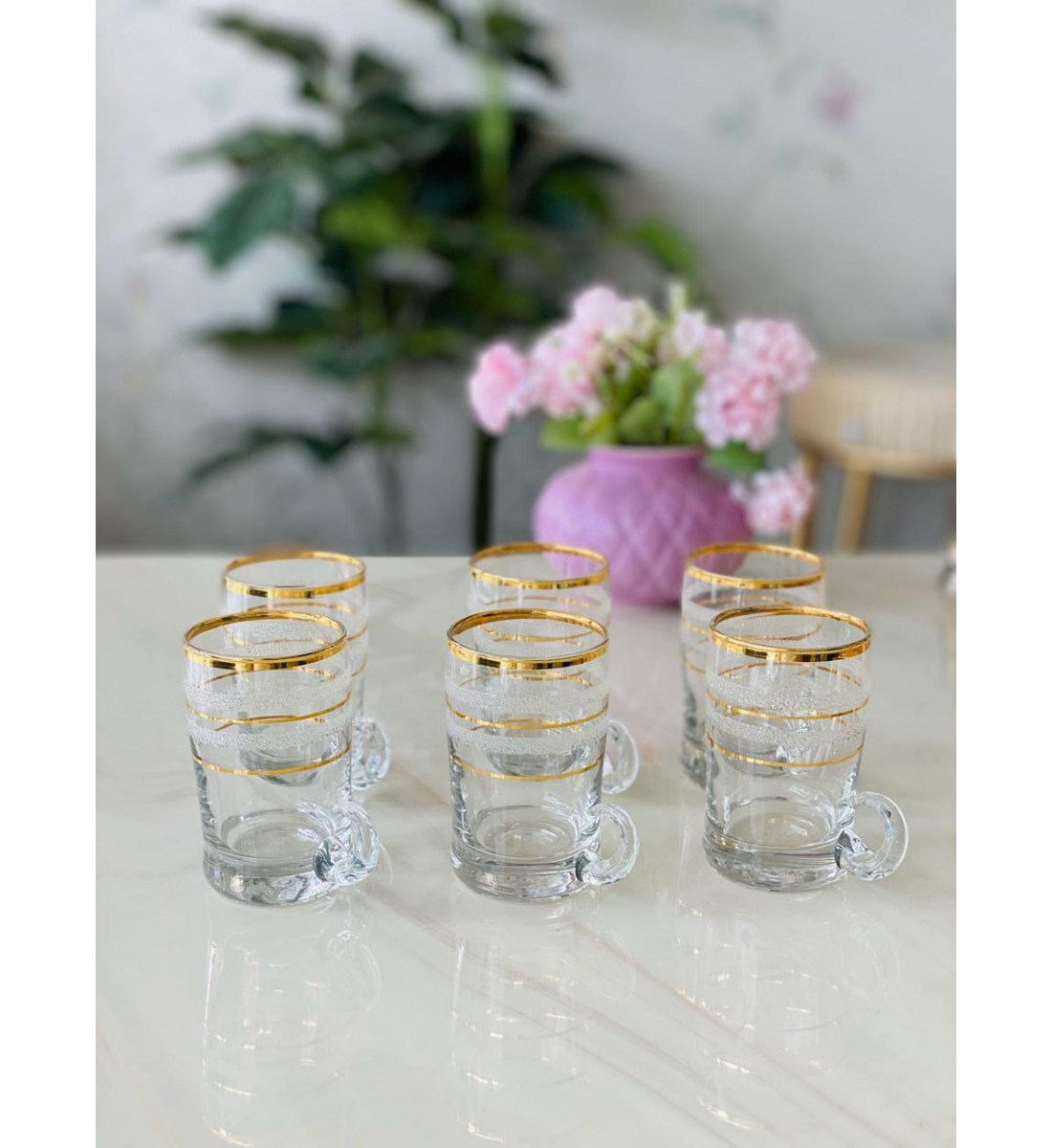 طقم بيالات شاي من الزجاج, 6 قطع, شفاف مذهب 