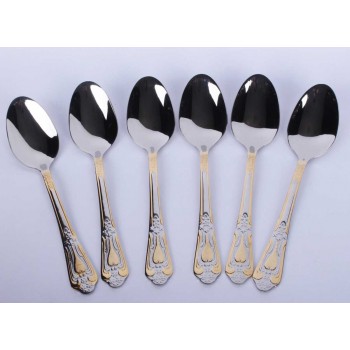  ملاعق استيل حجم كبير ،طقم 6حبات .لونين-فضي ذهبي 19سم