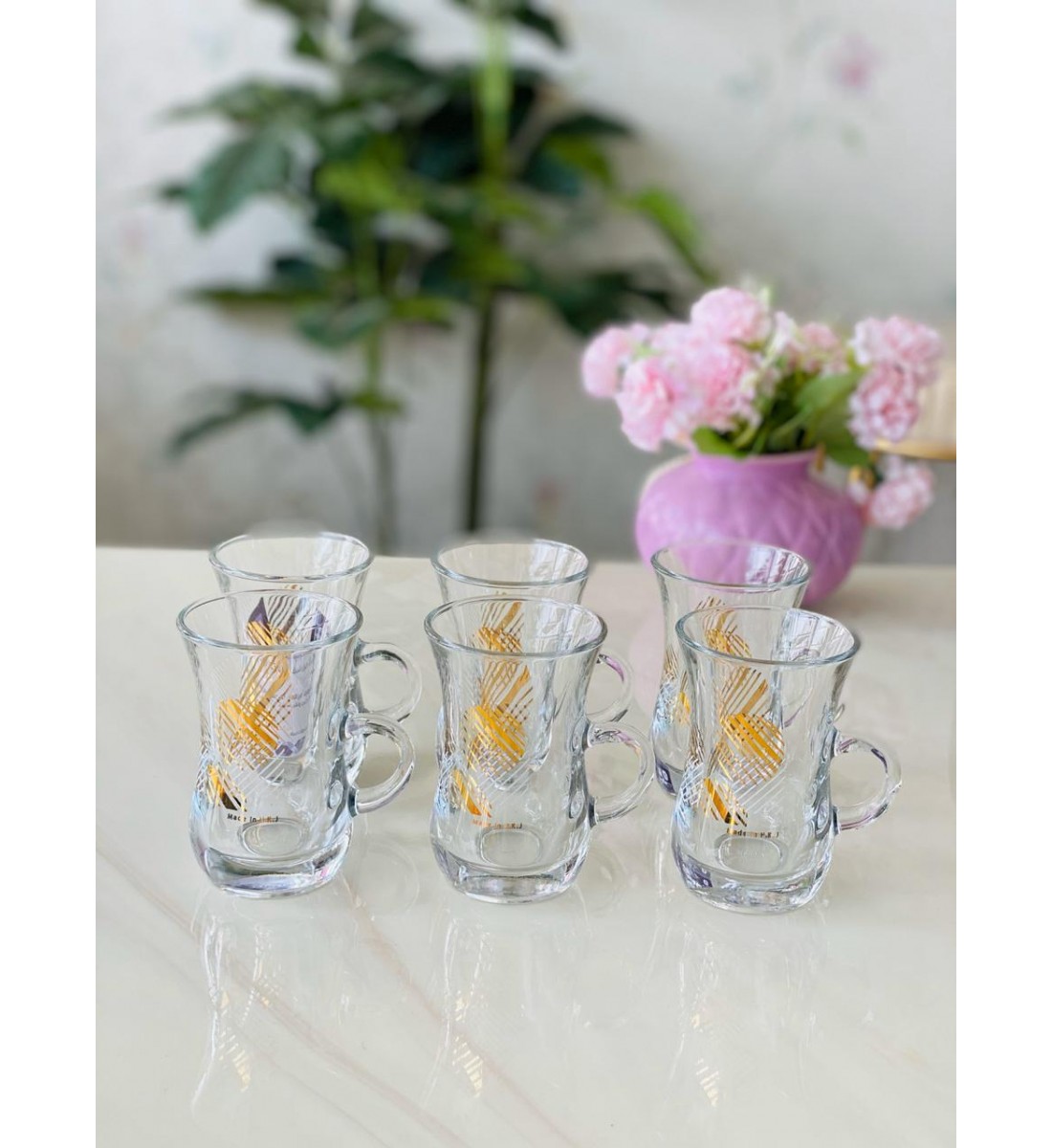طقم بيالات شاي من الزجاج, 6 قطع, شفاف مذهب من دملاج-42279