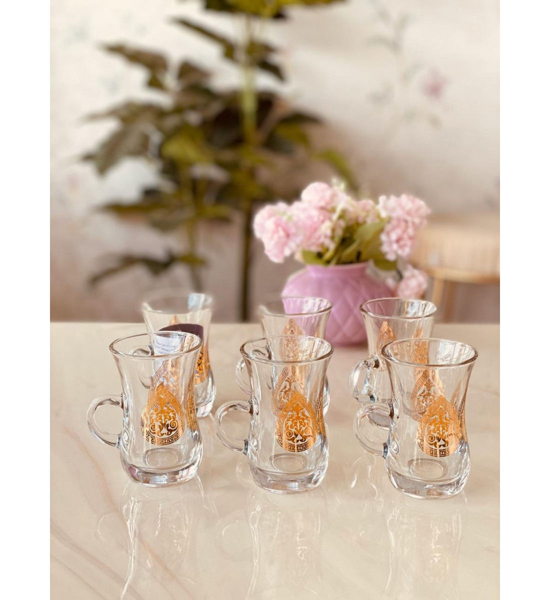 Glass Tea Dishes Set, 6 Pieces, Transparent, Gilded from Damlag-42621