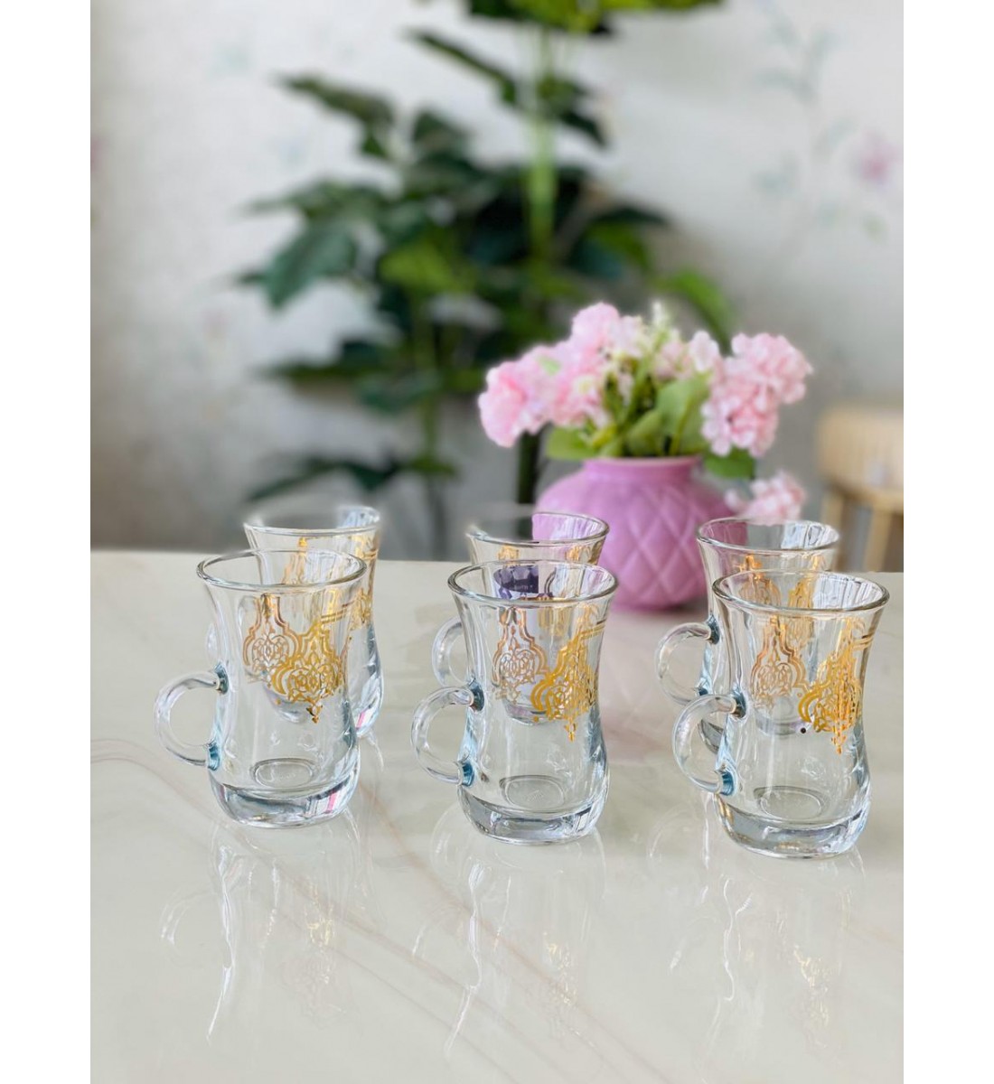 طقم بيالات شاي من الزجاج, 6 قطع, شفاف مذهب من دملاج-43238