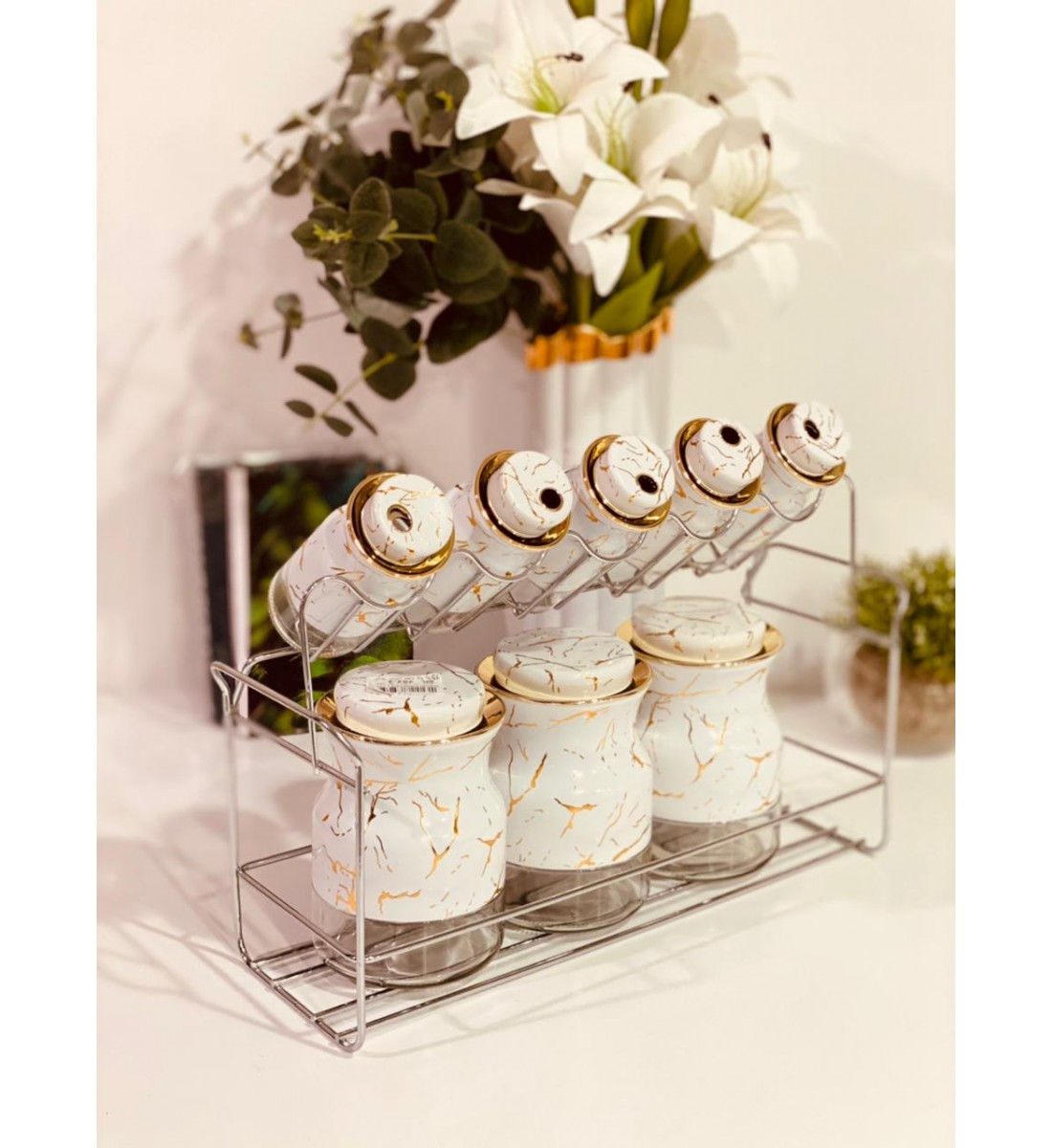 Ceramic spice and seasoning cans set 8 pieces with Stand Steel