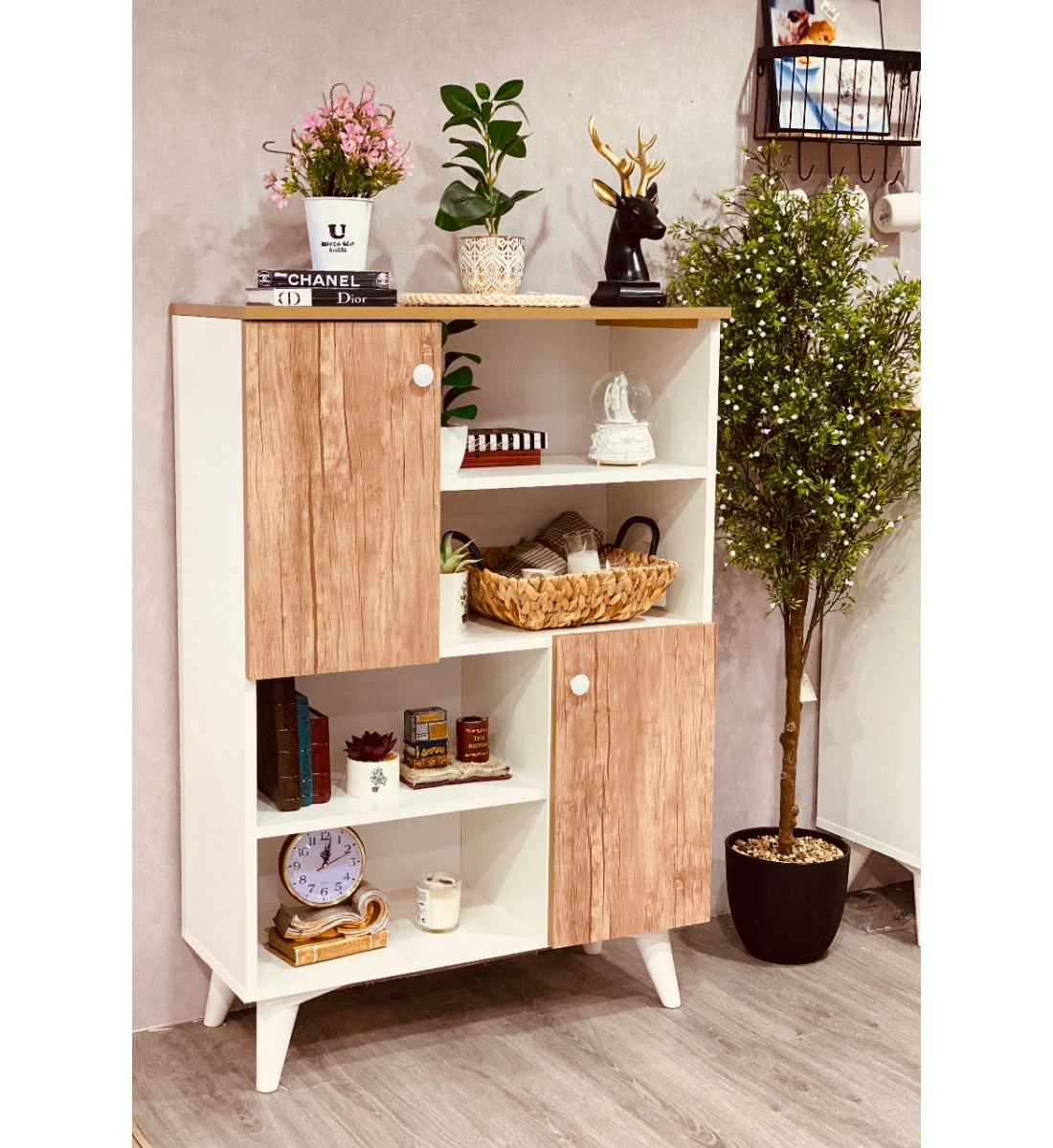 Cupboard shelving unit with 2 doors of wood, size 82 * 34 * 116 cm