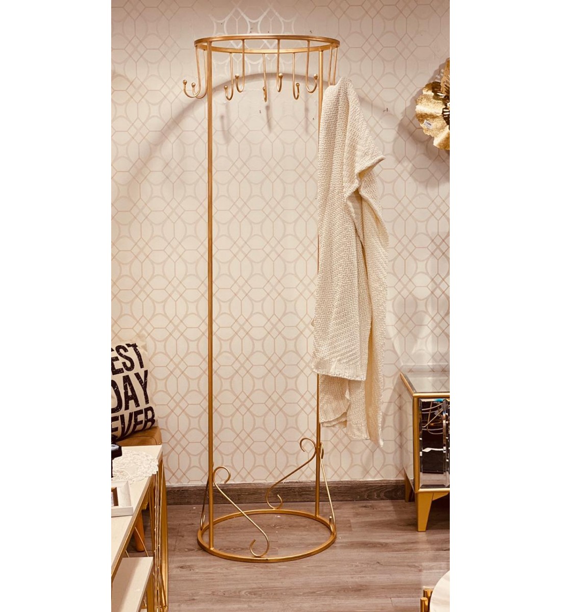 Clothes hanger, holder for hanging clothes, metal, gold, height 180 cm