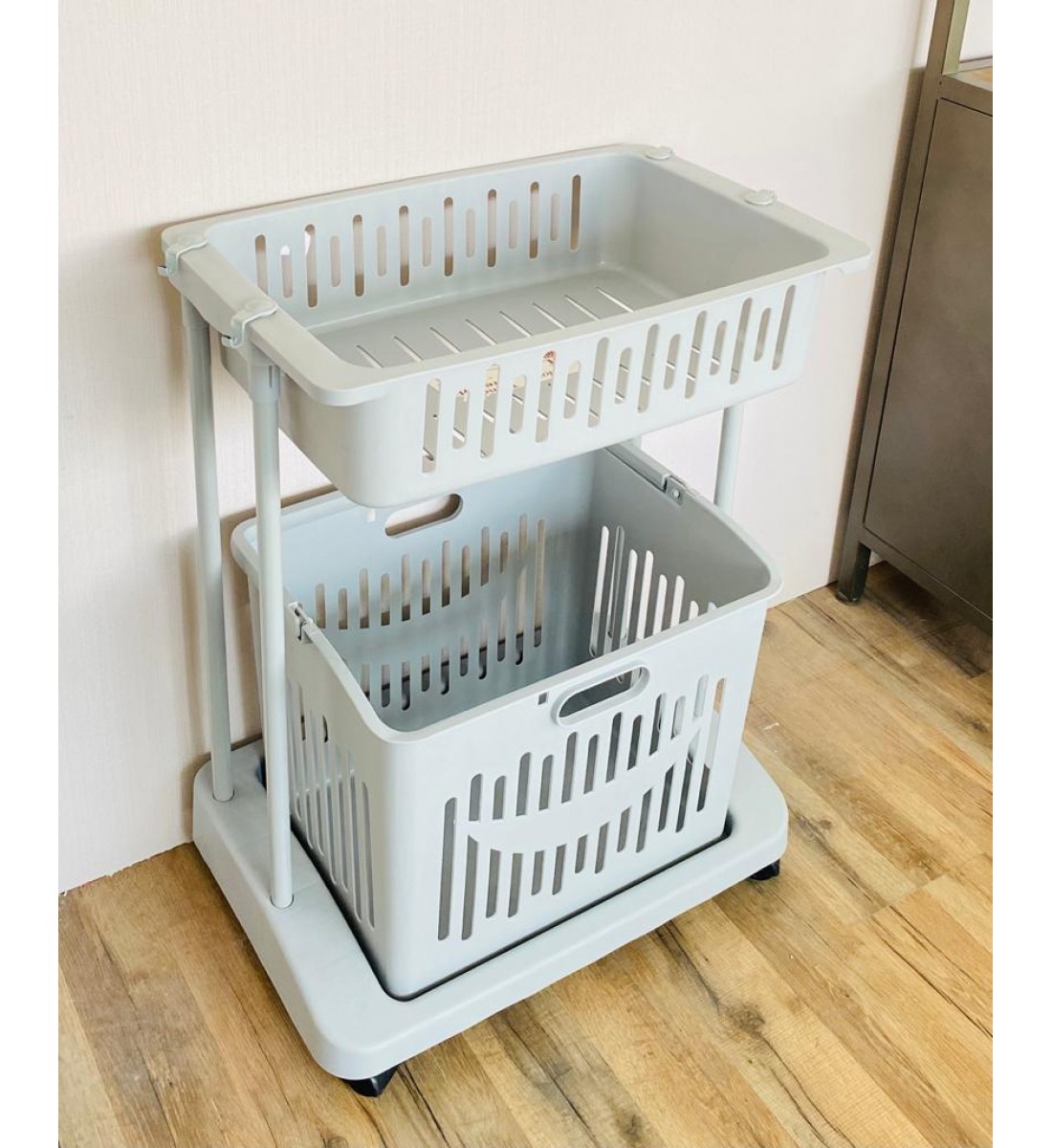 Gray laundry basket