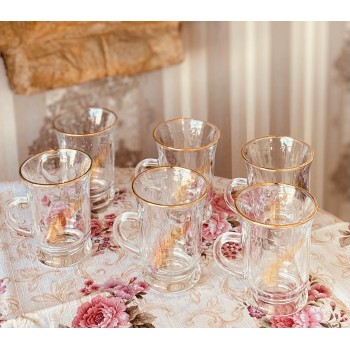 بيالات شاي زجاج ذهبي مكون من 6 قطع