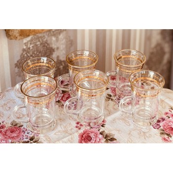 بيالات شاي زجاج ذهبي مكون من 6 قطع
