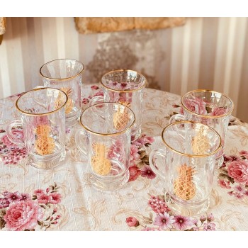 بيالات شاي زجاج ذهبي مكون من 6 قطع