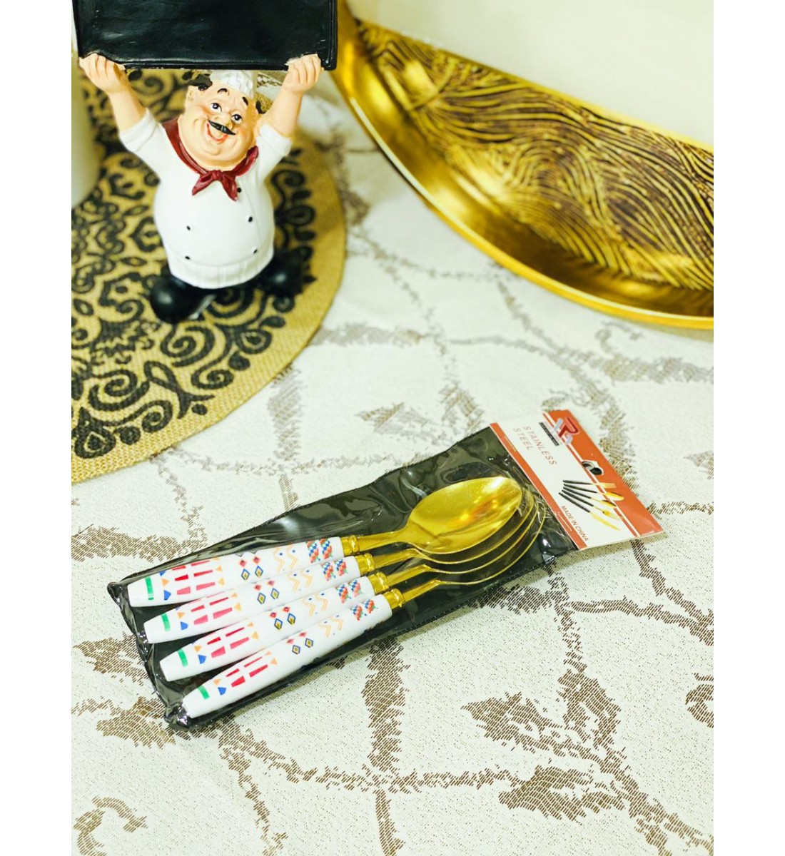 طقم ملاعق رخامي ابيض ذهبي 