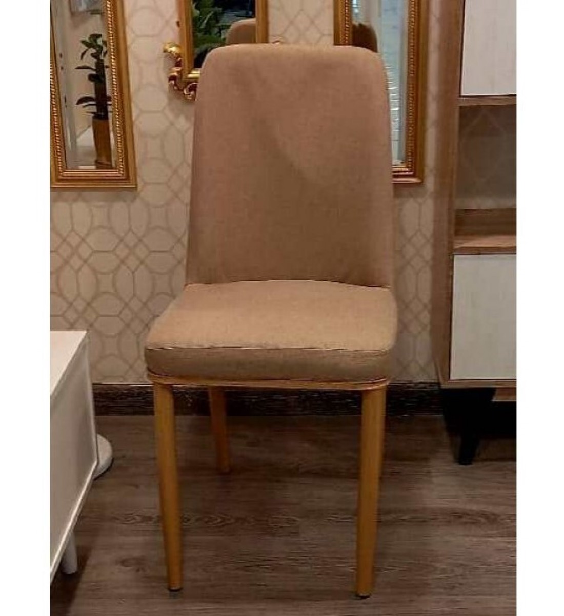 A wood-fabric chair with a wood leg