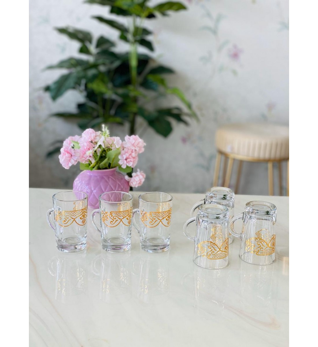 طقم بيالات شاي من الزجاج, 6 قطع, شفاف مذهب من دملاج-42062