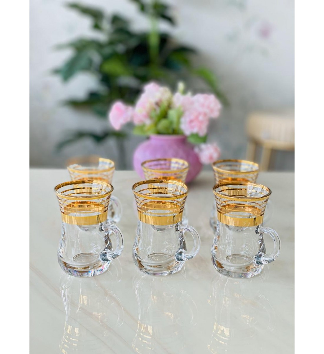 Glass Tea Dishes Set, 6 Pieces, Gilded Clear