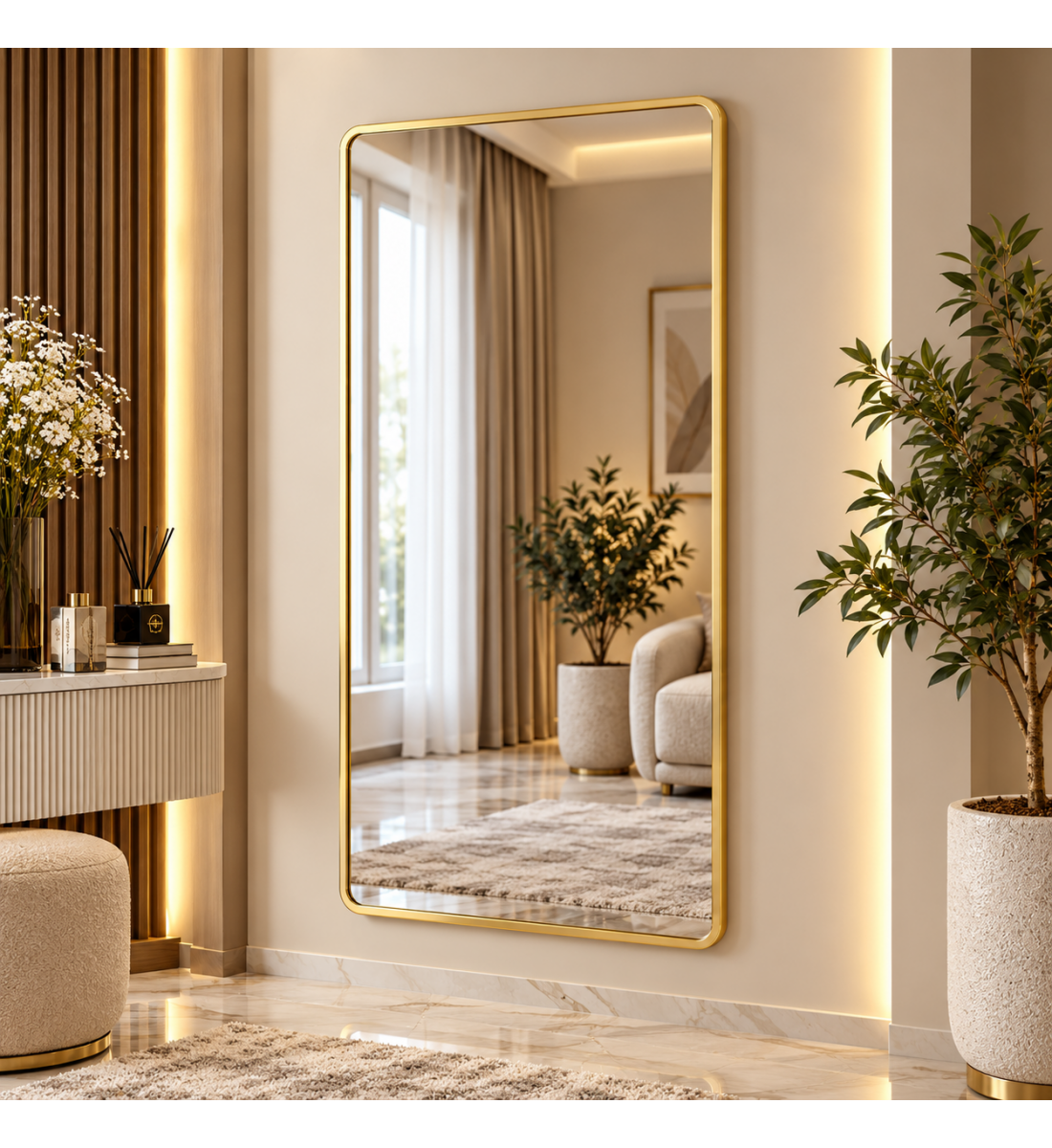 مرآة حائط مودرن بإطار ذهبي مقاس ٨٠ × ١٦٠ سم