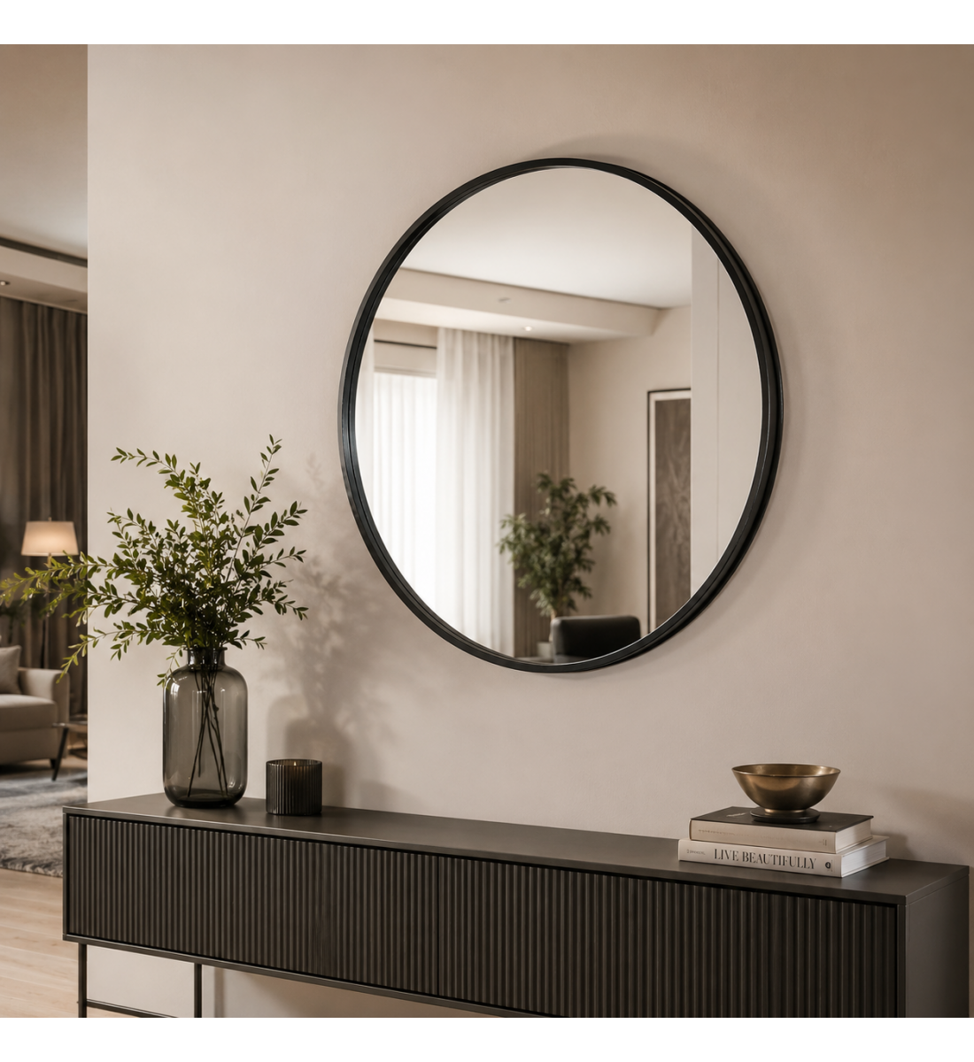 مرآة حائط دائرية مودرن مقاس ٨٠×٨٠ سم بإطار أسود