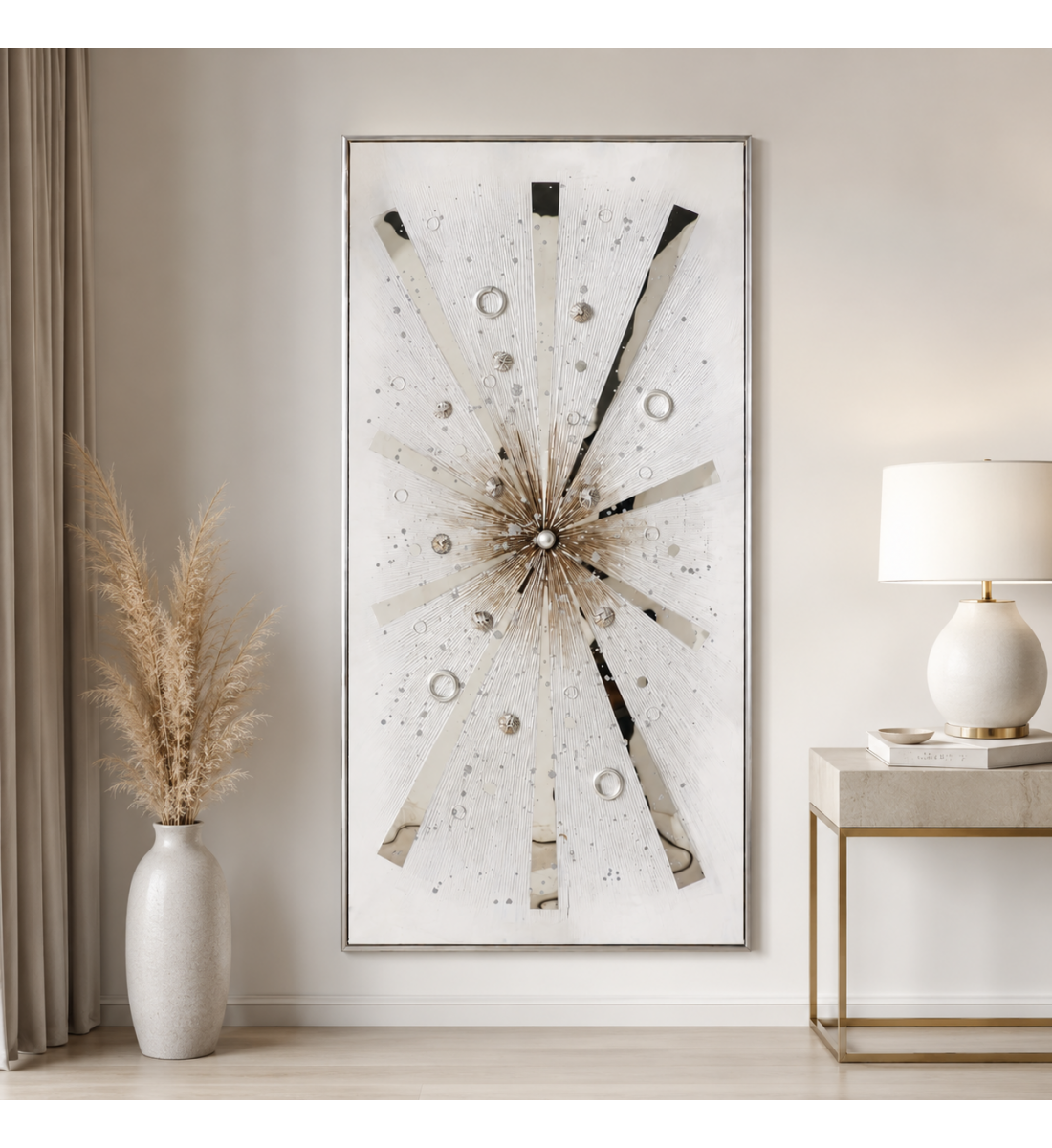 لوحة فنية طولية بإطار فضي مقاس 70 × 140 سم