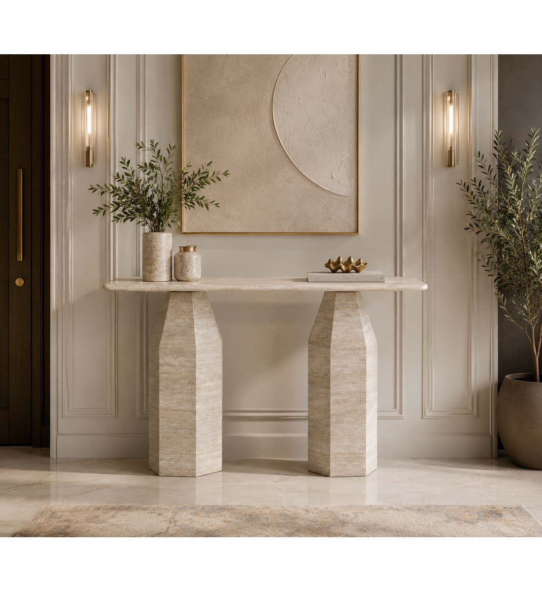 طاولة كونسول رخامية مقاس 120×40 سم بتشطيب خشبي فاتح طاولة كونسول رخامية مقاس 120×40 سم بتشطيب خشبي فاتح