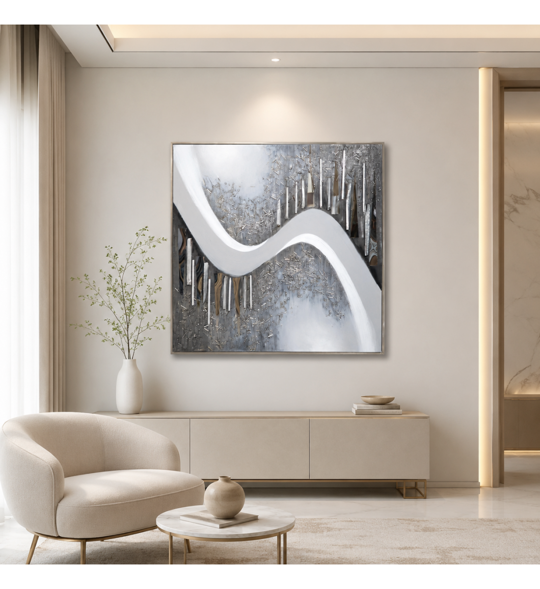 لوحة حائط بإطار فضي مقاس 100 × 100 سم لوحة حائط بإطار فضي مقاس 100 × 100 سم
