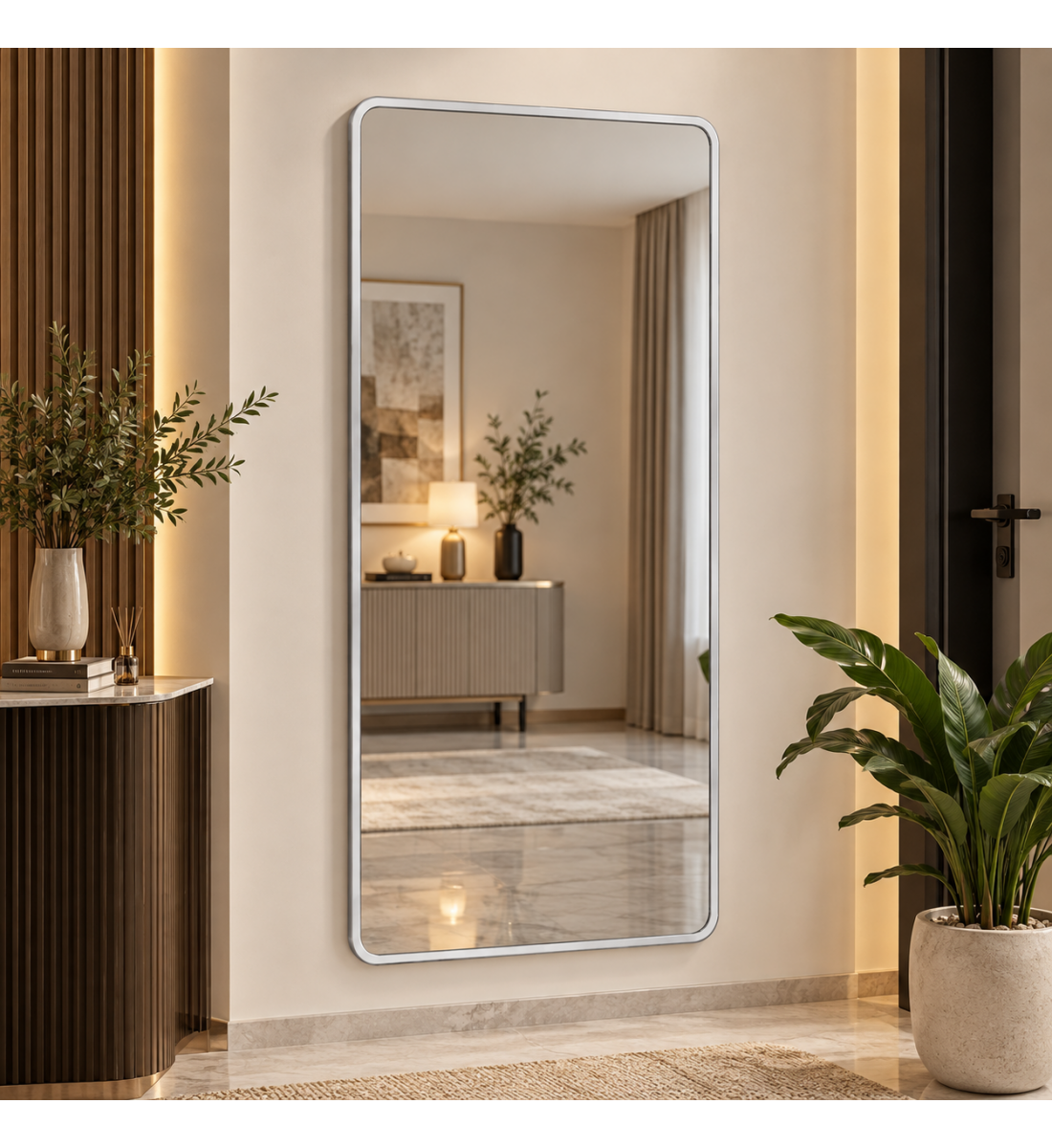مرآة حائط مودرن بإطار فضي مقاس ٨٠ × ١٦٠ سم