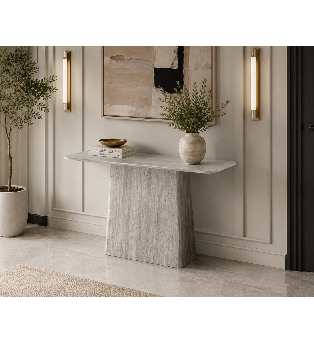 طاولة كونسول رخامية مقاس 120×40 سم باللون الرمادي الفاتح طاولة كونسول رخامية مقاس 120×40 سم باللون الرمادي الفاتح