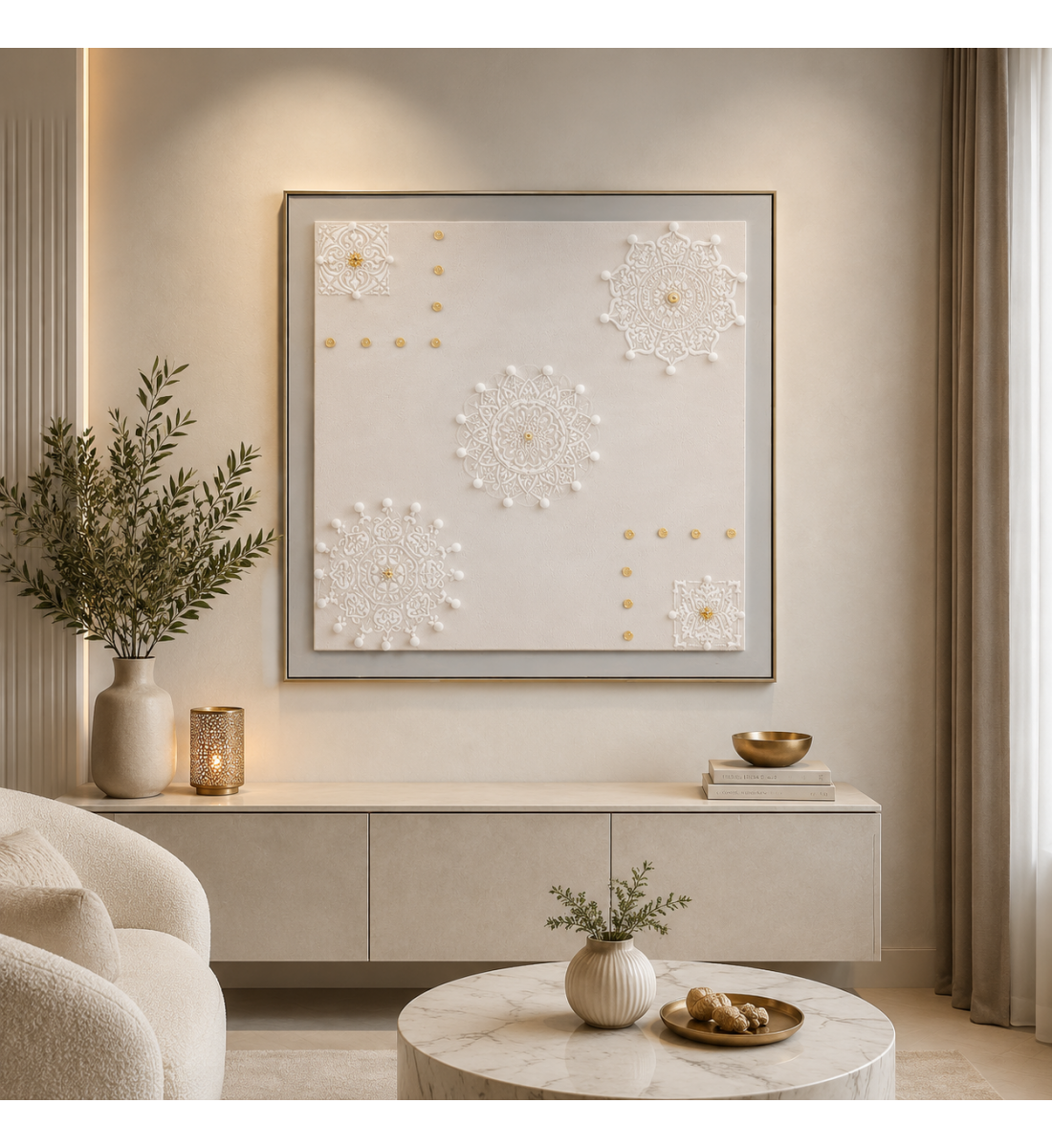 لوحة فنية مربعة بإطار ذهبي مقاس 100 × 100 سم
