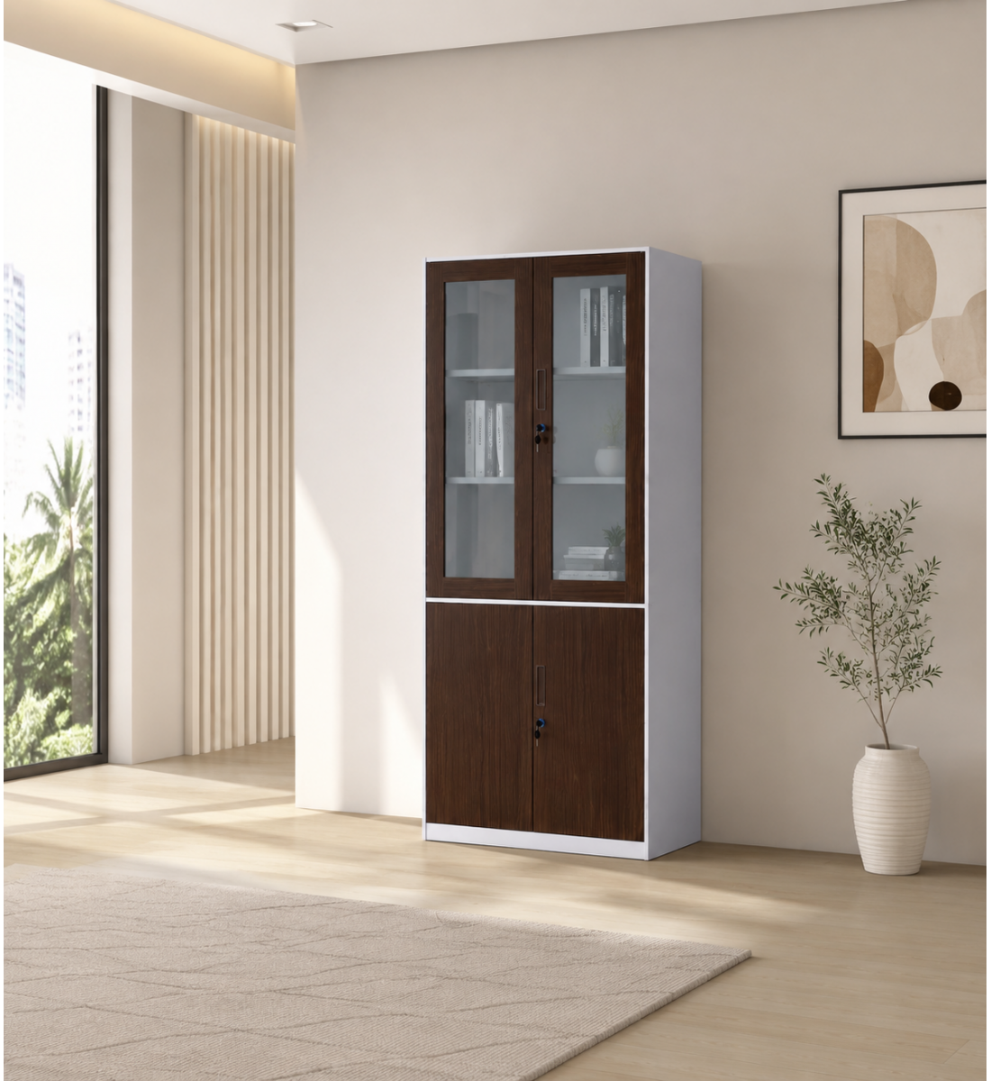دولاب ملفات معدني باللون البني والأبيض مقاس 185 × 90 سم
