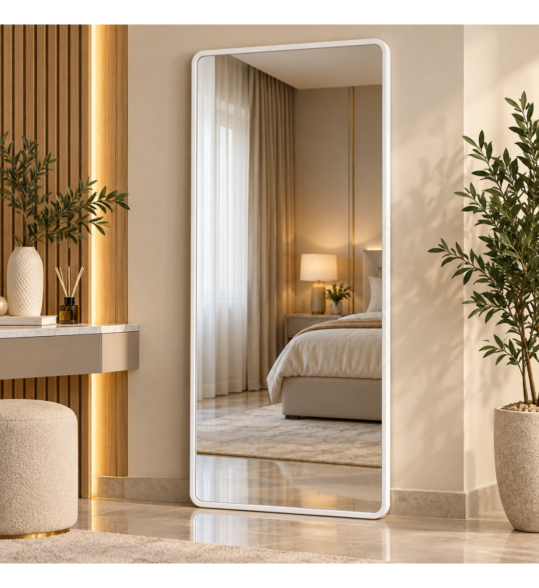 مرآة حائط مودرن بإطار أبيض مقاس ٨٠ × ١٦٠ سم مرآة حائط مودرن بإطار أبيض مقاس ٨٠ × ١٦٠ سم