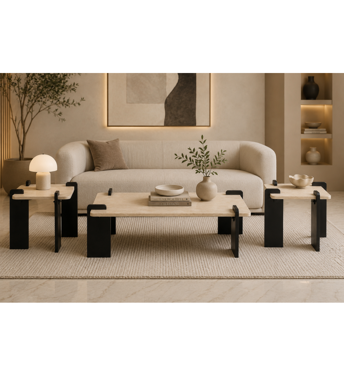 طقم طاولات (1+2) باللون البيج والأسود طقم طاولات (1+2) باللون البيج والأسود