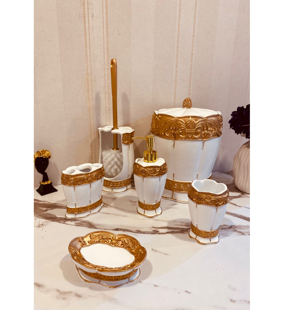 6 pcs white gilded ceramic bathroom set