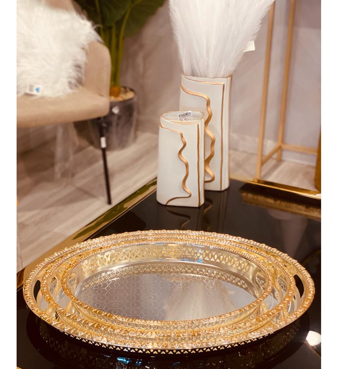 Silver gilded steel oval serving tray 50*35 cm