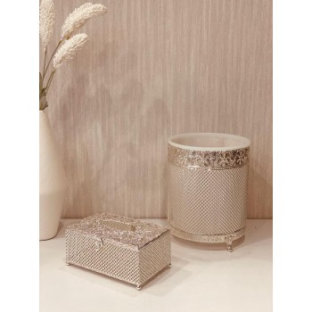 طقم سلة مهملات استيل مع علبة مناديل فضي 28*22 سم 