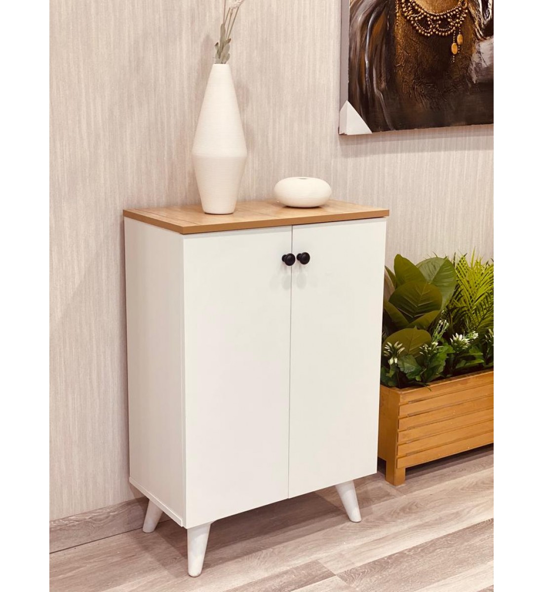 Wooden shoe rack, plain shelves, 2 doors (60*33*90) cm