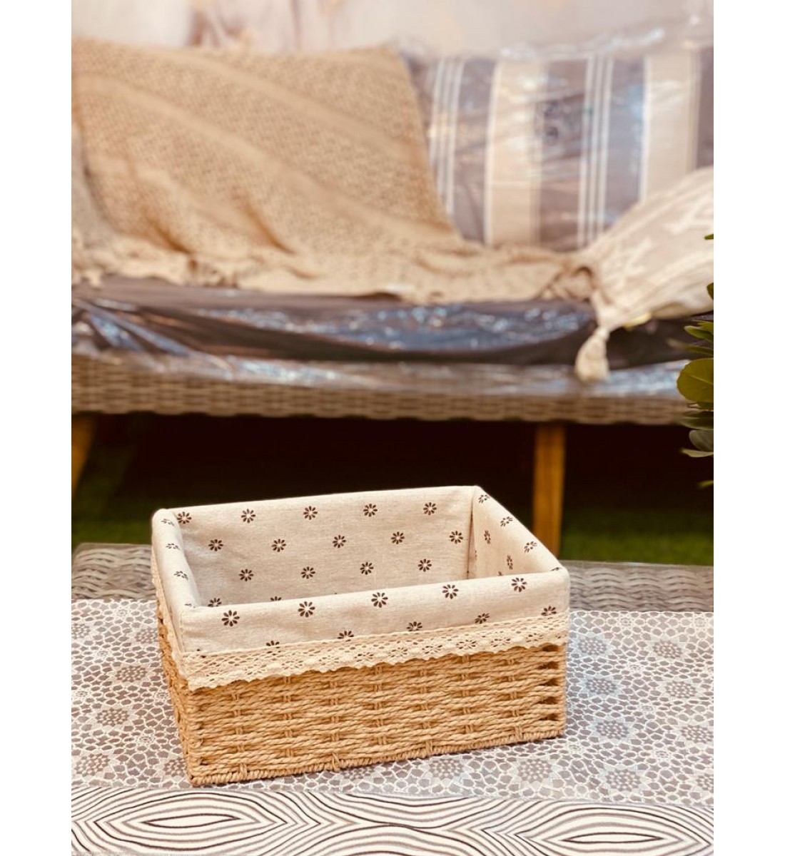 Fabric-clothed wicker basket