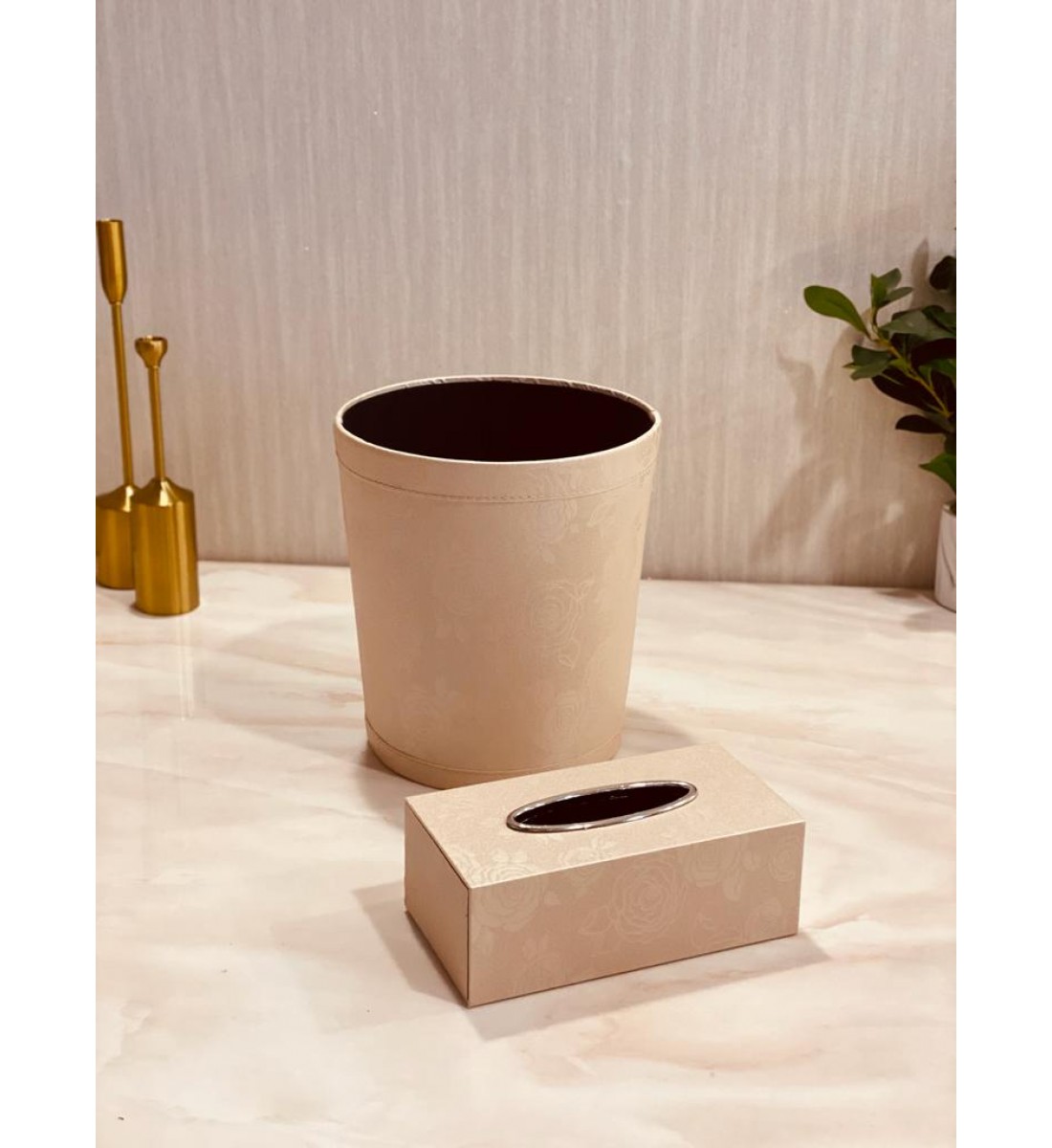Wooden wastebasket set with tissue box