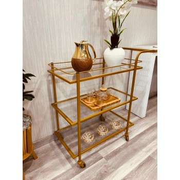 عربية تقديم زجاج باطراف حديد ذهبي 3 دور بكفرات سهلة الحركة (90*40*92)سم