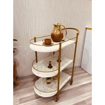 عربية تقديم خشب شكل رخام  باطراف حديد ذهبي 3 دور بكفرات سهلة الحركة (80*38*85)سم