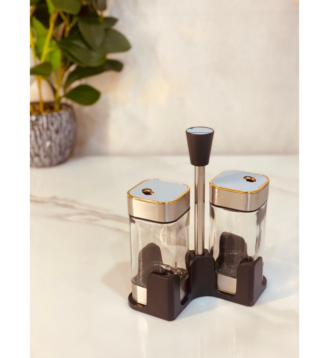A glass navigation set with a steel cover, with a stand holder, 3 pieces, 11 cm
