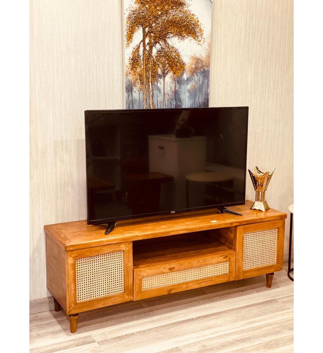 طاولة بلازما خشبي طبيعي ريفي 2ارفف +1درج  بارجل خشب (150*50*40)سم