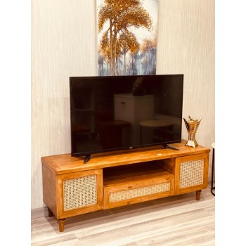 طاولة بلازما خشبي طبيعي ريفي 2ارفف +1درج  بارجل خشب (150*50*40)سم