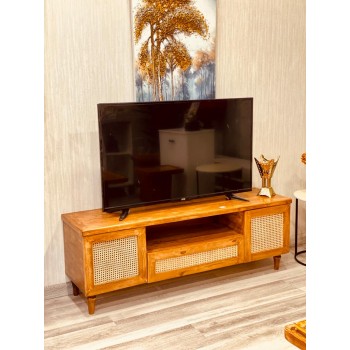 طاولة بلازما خشبي طبيعي ريفي 2ارفف +1درج  بارجل خشب (150*50*40)سم