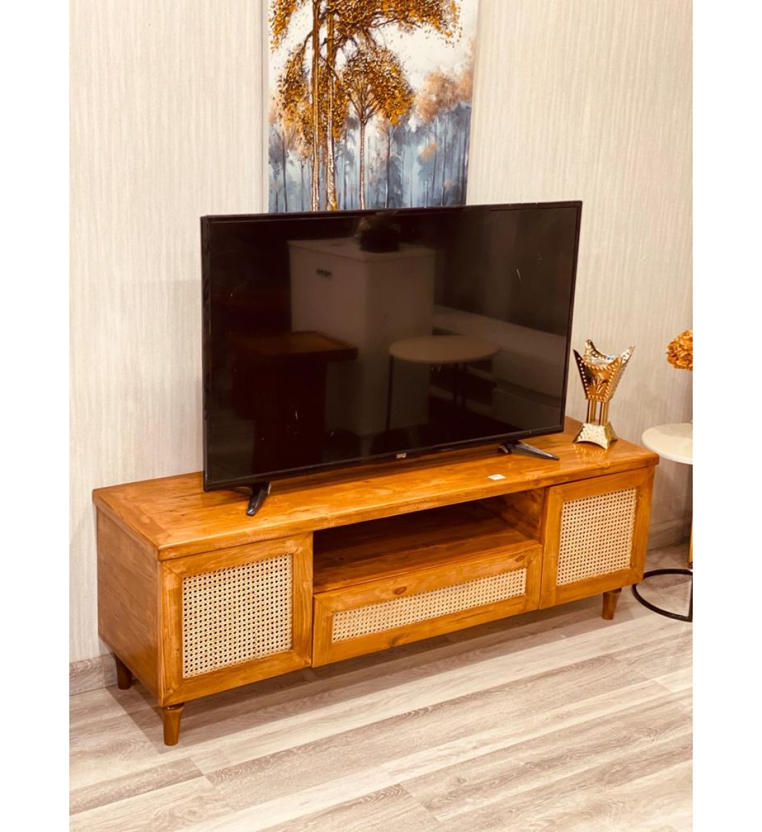 طاولة بلازما خشبي طبيعي ريفي 2ارفف +1درج  بارجل خشب (150*50*40)سم