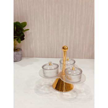  صحن مكسرات زجاج بغطا اكريلك - بشيال اكريلك وقاعدة استيل ذهبي 3 صحون