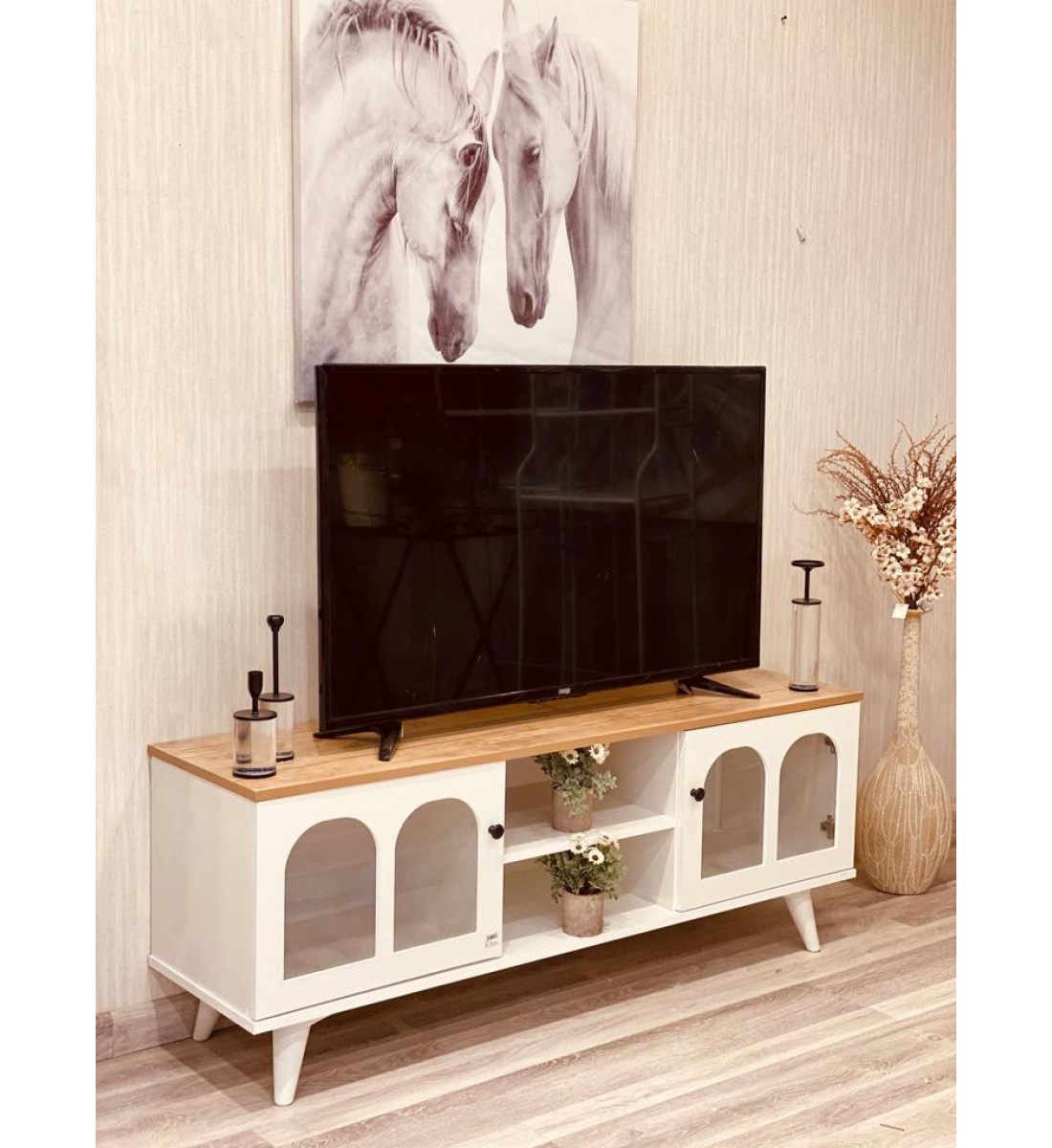 طاولة بلازما خشبي طبيعي ريفي 2ارفف +1درج بارجل خشب (145*40*55)سم طاولة بلازما خشبي طبيعي ريفي 2ارفف +1درج بارجل خشب (145*40*55)سم