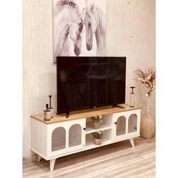 طاولة بلازما خشبي طبيعي ريفي 2ارفف +1درج  بارجل خشب (145*40*55)سم