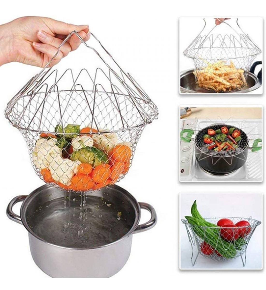 سلة تقلى قابلة للطي من wiالمخستار من الفولاذ المقاوم للصدأ لشطف البخار سلة تقلى الفرنسية للطهاة مصفاة شبكة أدوات المطبخ للطبخ