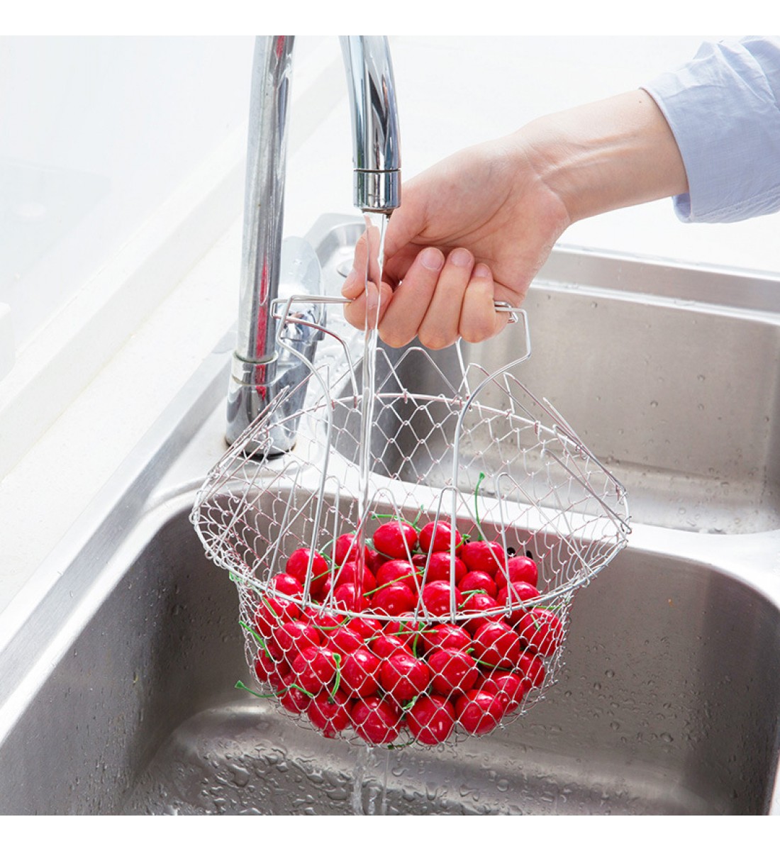 سلة تقلى قابلة للطي من wiالمخستار من الفولاذ المقاوم للصدأ لشطف البخار سلة تقلى الفرنسية للطهاة مصفاة شبكة أدوات المطبخ للطبخ