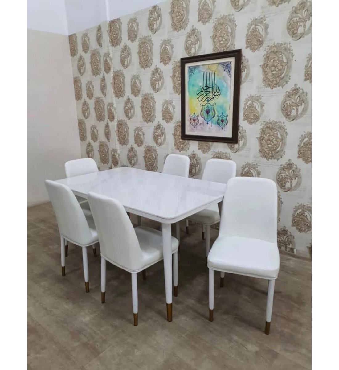 Marble top dining table with white stainless steel base, 6 chairs