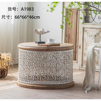 طاولة خدمة  دائري خشبي وحديد تصميم ريفي وجميل وانيق مقاس 63*63*46 سم 