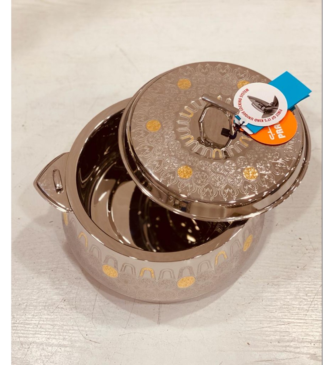 حافظة طعام استيل السيف فضي بنقشة مذهبة 3500 مل  