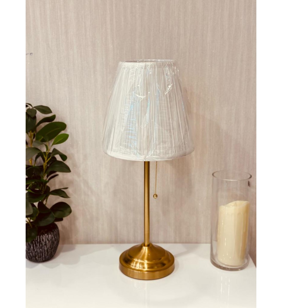 Golden table lamp with a steel base - white fabric, 55 cm